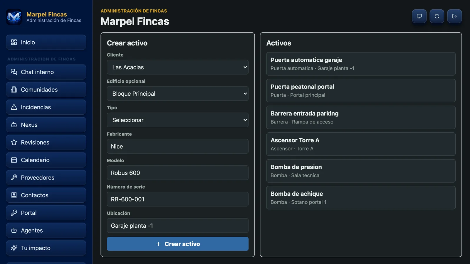Activos de una comunidad de ejemplo en Marpel360 Fincas: puertas automáticas, barrera de parking, ascensor y bombas