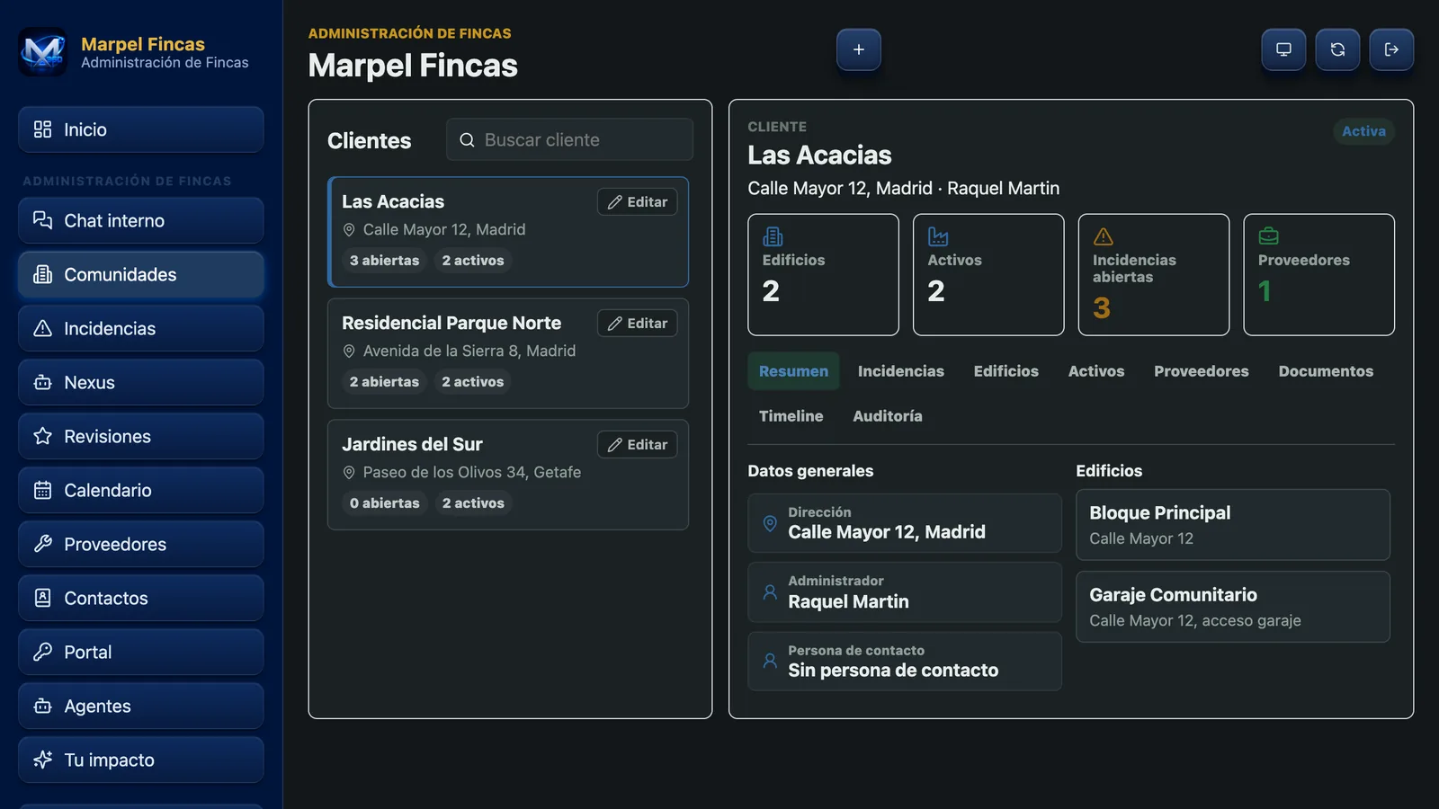 Ficha de una comunidad de ejemplo en Marpel360 Fincas, con sus edificios, activos, incidencias abiertas y proveedores